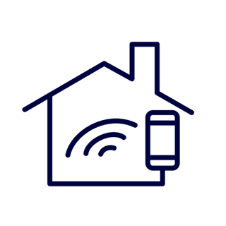 Smart home control icon showing a house with wireless signal waves and a connected device