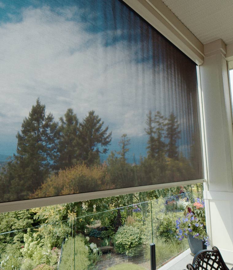 an elevated outdoor patio with glass railings and solar mesh screens looking out over a lush garden.