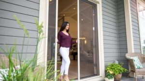 A woman stands outside a sliding glass door, looking towards the interior of a bright, modern space.